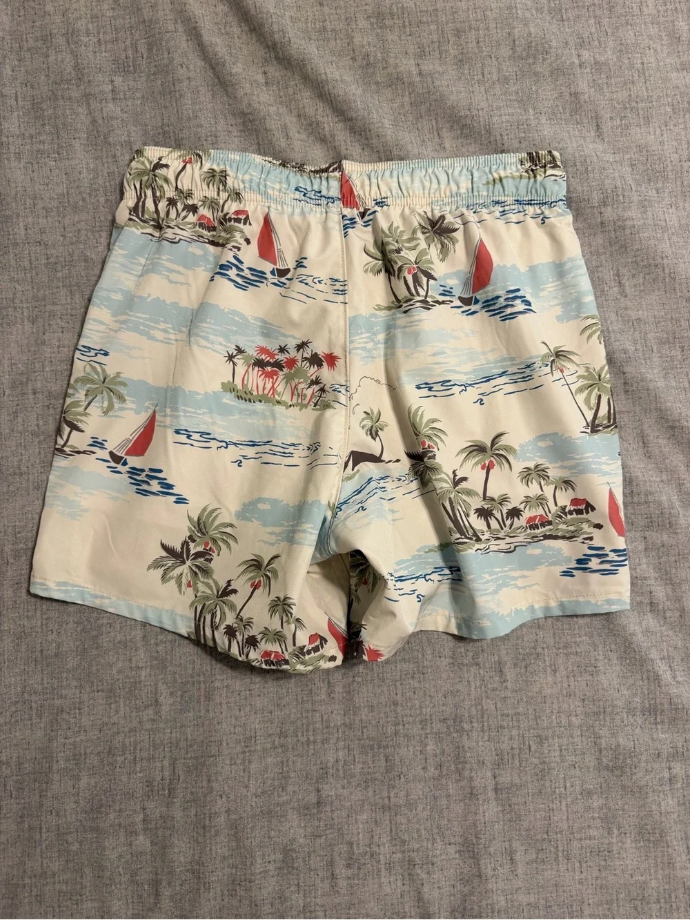 Hollister Cream Tropical Print Swim Trunks with Blue and Red Accents